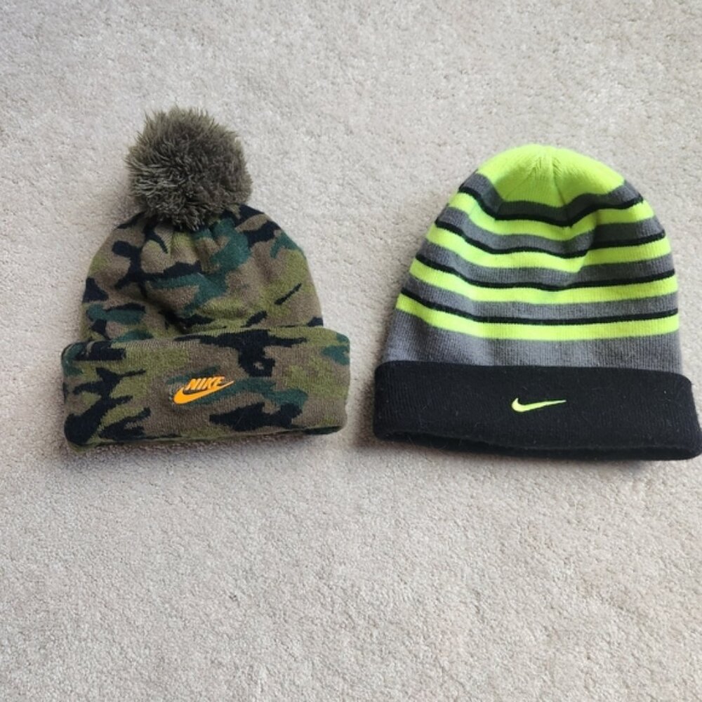 Nike Camo and Striped Beanie Winter Hat Set. Kids
